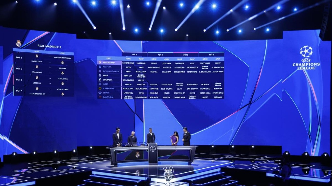A Champions League league-phase draw appears on a large screen
