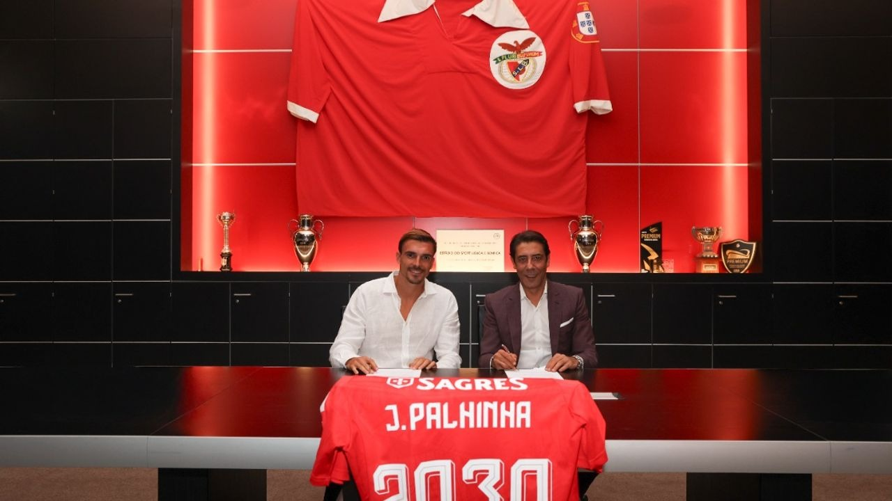 Joao Palhinha and Rui Costa sign the transfer documents at Benfica