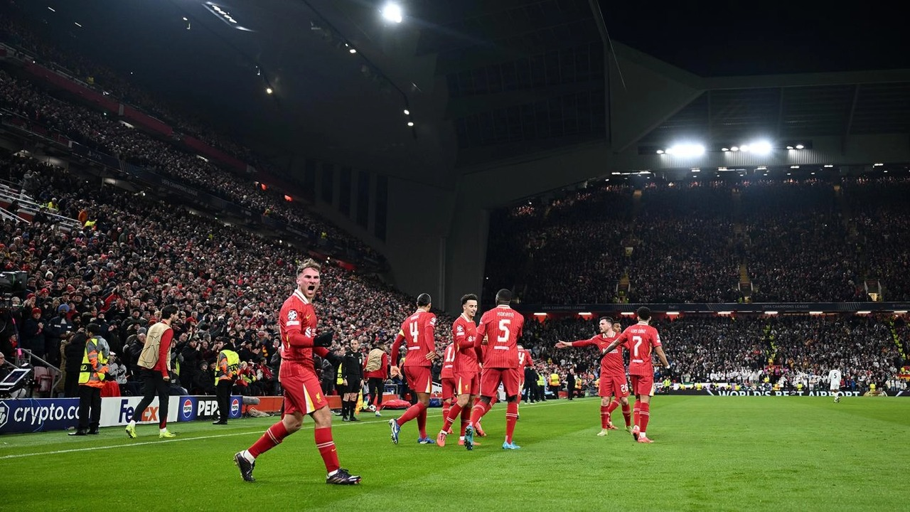 Liverpool players celebrate during a Champions League match against Real Madrid at Anfield