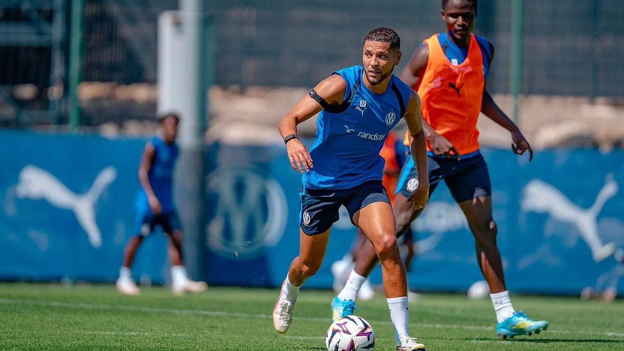 A Marseille player works with the ball in training