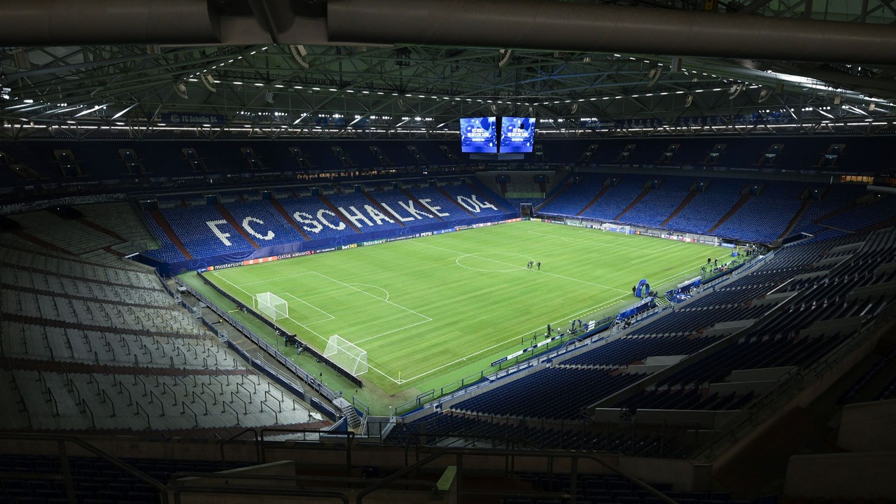 The pitch and stands inside Schalke's Veltins-Arena