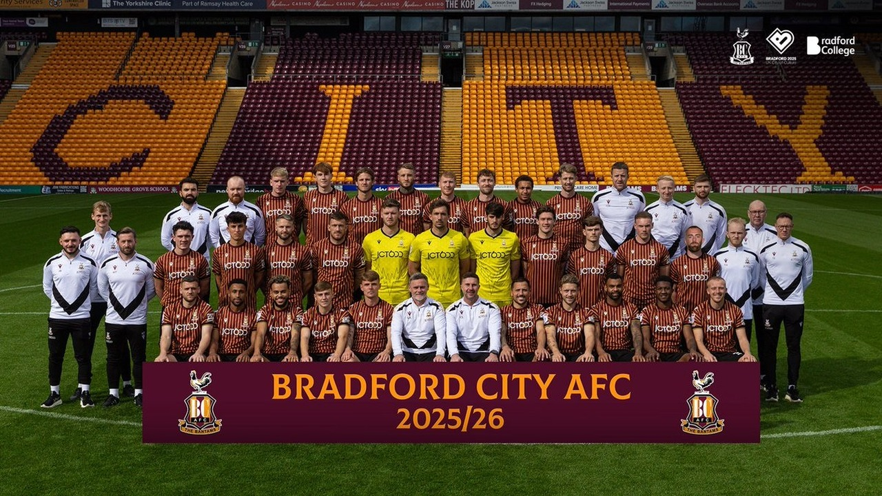 Bradford City players pose together before a match